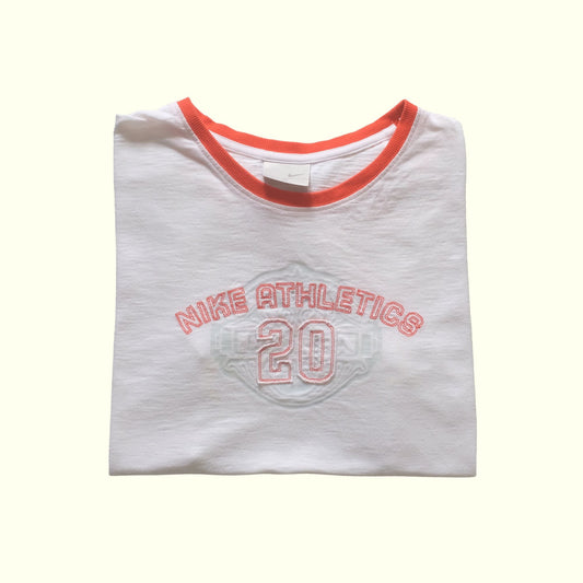 NIKE VTG 90s Y2K RETRO STITCH CUTE RINGER BABY WHITE T SHIRT 2006 WOMENs SZ XL