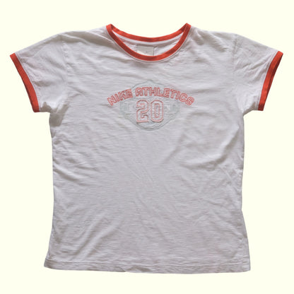 NIKE VTG 90s Y2K RETRO STITCH CUTE RINGER BABY WHITE T SHIRT 2006 WOMENs SZ XL